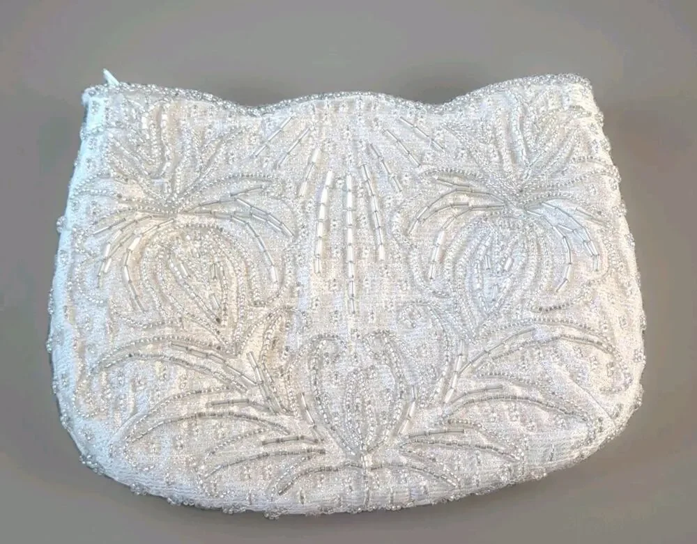 Carolyne Barton White Beaded Floral Zip Clutch Evening Bag Bridal Vintage